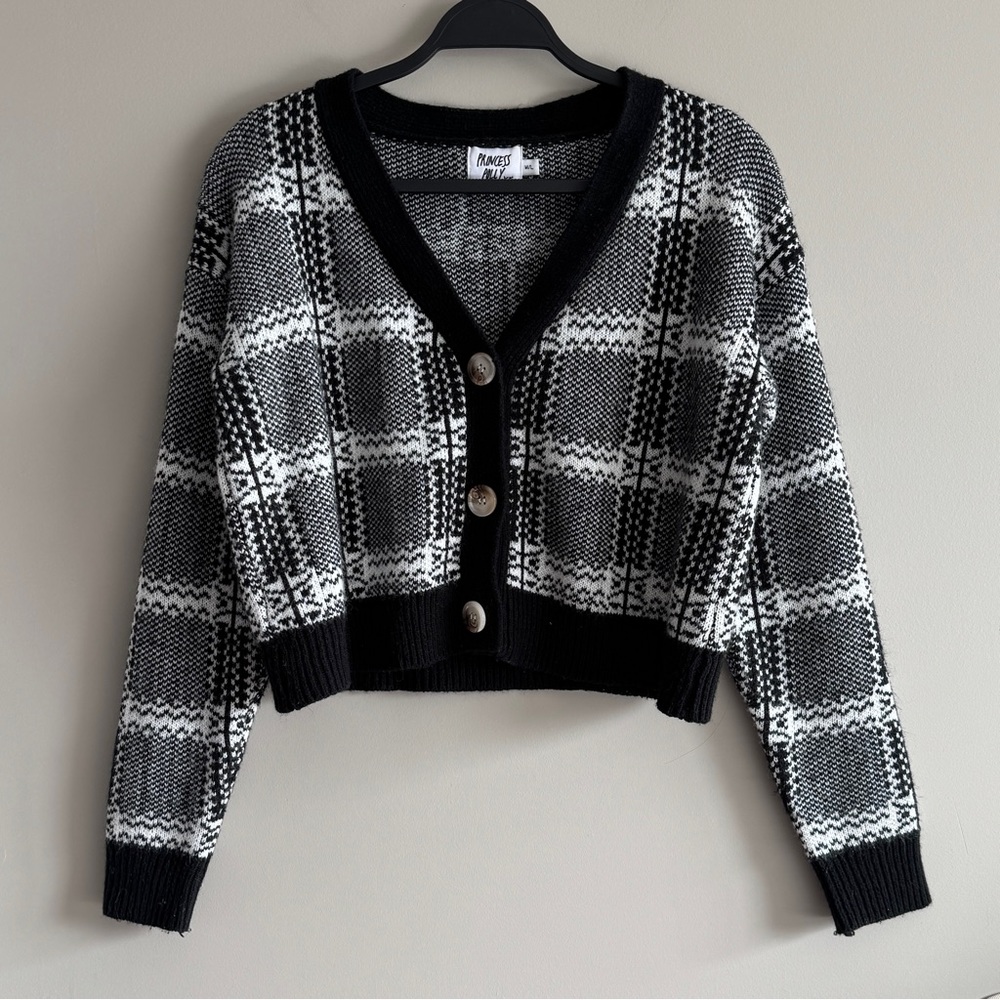 Princess Polly Cropped Black & White Plaid Cardigan